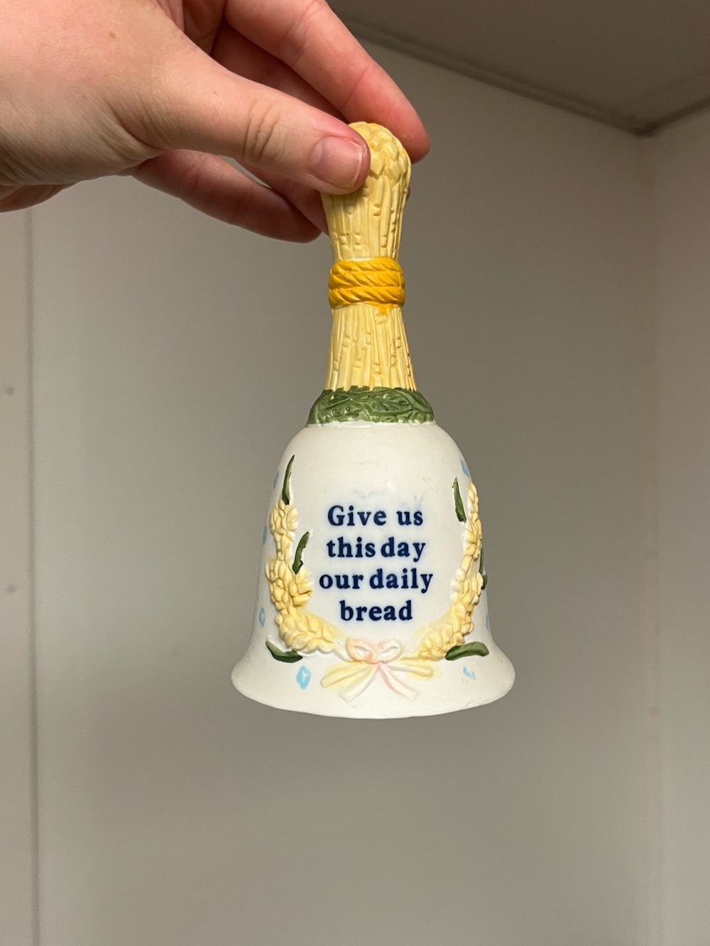 Ceramic 'Give Us This Day Our Daily Bread' Decorative Bell - Yellow & White